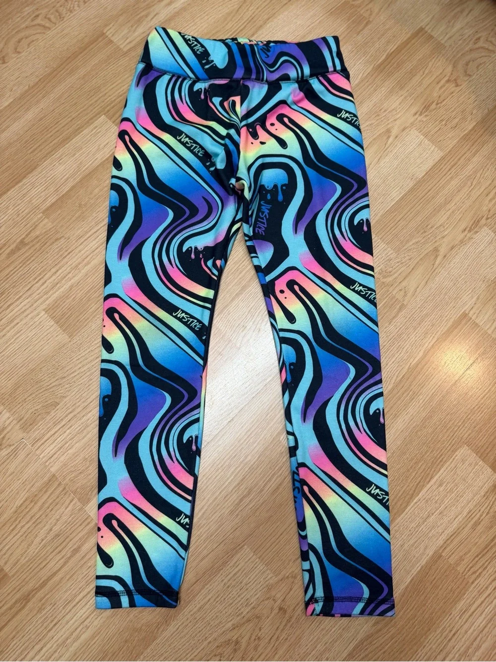Justice Girls Cozy Lined Swirl Drip Print Leggings Black Blue Pink XL 16/18